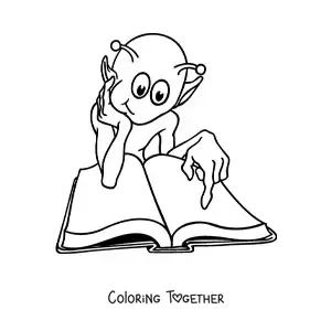Coloring page of a cartoon of a martian reading