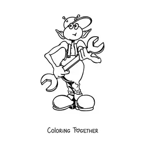 Coloring page of a cartoon of an alien with tools
