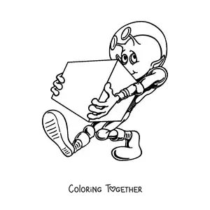Coloring page of a cartoon of a martian carrying a box