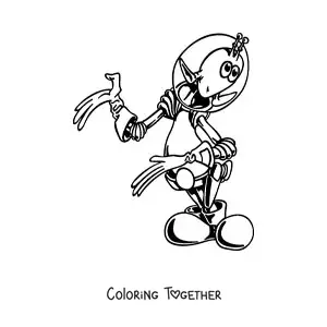 Coloring page of a cartoon of a friendly martian