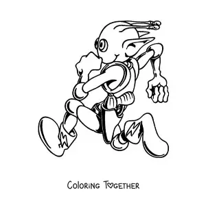 Coloring page of a cartoon of an alien running