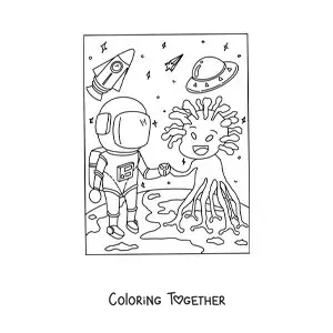 Coloring page of an astronaut greeting an alien