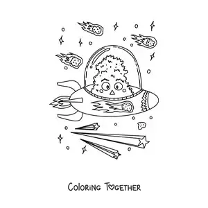 Coloring page of an alien flying in his spaceship
