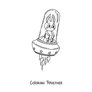 Coloring page of an alien flying in a ufo