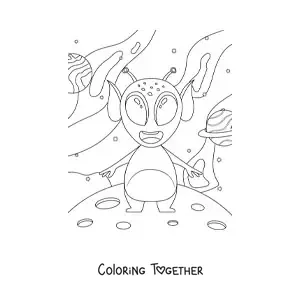 Coloring page of an alien on the Moon