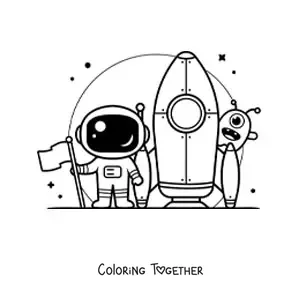 Coloring page of an astronaut with a rocket and an alien