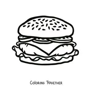 Coloring page of a hamburger with tomatoes and cheese