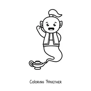 Coloring page of a kawaii genie coming out of the lamp