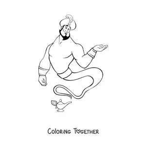 Coloring page of a magic genie of the lamp