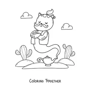 Coloring page of a cartoon kawaii cat genie coming out of the lamp