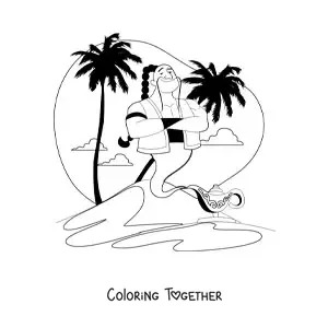 Coloring page of a cartoon genie coming out of the wonderful lamp