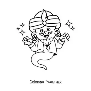 Coloring page of a cartoon magic genie