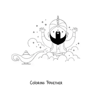 Coloring page of a cartoon genie of the lamp