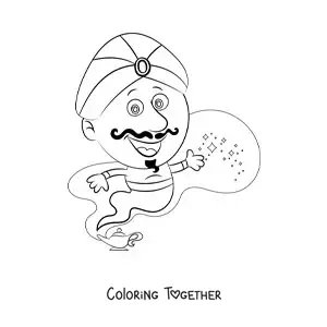 Coloring page of a magic genie coming out of the lamp