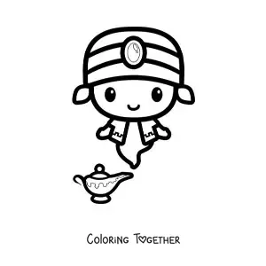 Coloring page of an easy kawaii genie coming out of the lamp