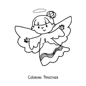 Coloring page of a female angel with open wings