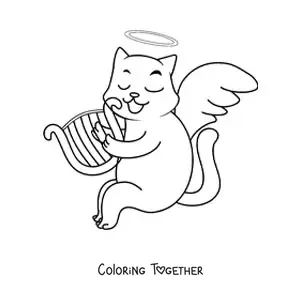Coloring page of a cartoon angel cat playing the harp