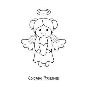 Coloring page of a cartoon angel girl flying with a heart