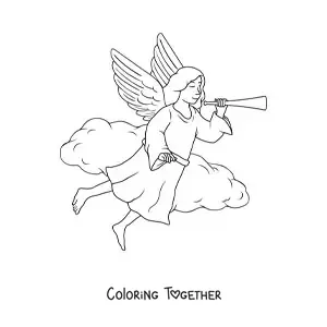 Coloring page of an angel flying in the sky with a trumpet