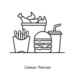 Coloring page of a hamburger with fries, soda and a bucket of chicken