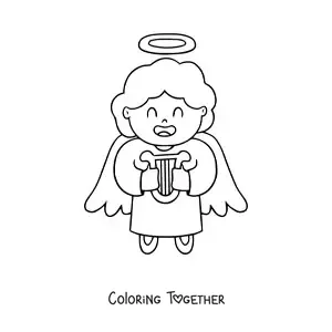 Coloring page of a cartoon angel with a harp
