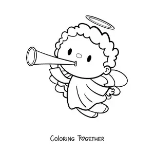 Coloring page of a cartoon angel flying with a trumpet