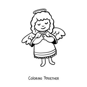 Coloring page of a cartoon angel praying with open wings