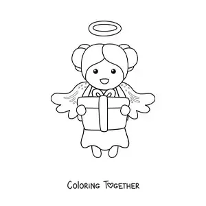 Coloring page of a Christmas angel girl with a gift