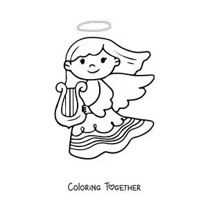 Coloring page of an angel girl with a harp
