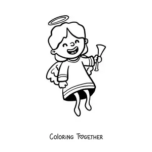 Coloring page of a happy cartoon angel with a trumpet