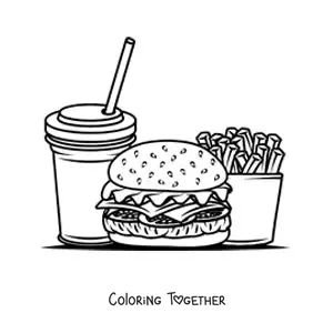 Coloring page of a hamburger with soda and fries