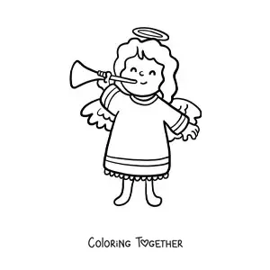 Coloring page of a cartoon angel playing the trumpet