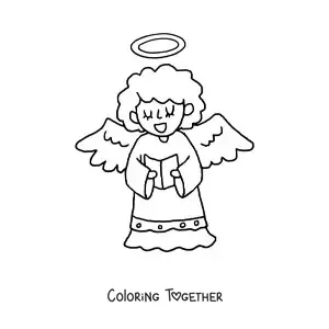 Coloring page of a cartoon angel reading