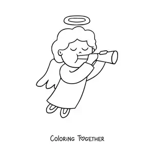 Coloring page of an easy angel playing the trumpet