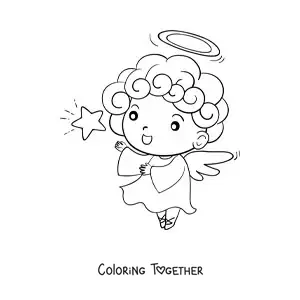 Coloring page of a cartoon angel boy flying with a star