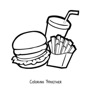 Coloring page of an animated hamburger with fries and soda
