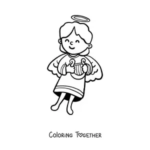 Coloring page of a cartoon angel girl with a harp