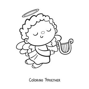Coloring page of a cartoon angel boy flying with a harp