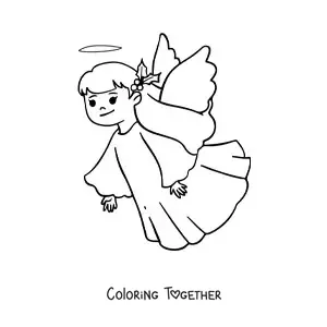 Coloring page of a Christmas angel girl flying