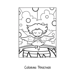 Coloring page of a cartoon of an angel with open wings