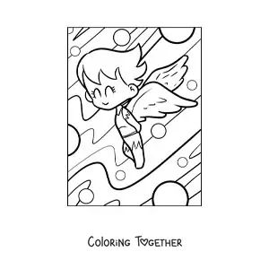 Coloring page of a cartoon of an angel flying in the sky