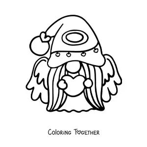 Coloring page of a cartoon of a gnome angel with a heart