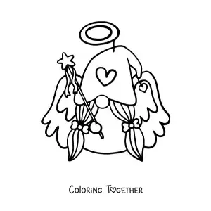 Coloring page of a cartoon of a gnome angel with a wand