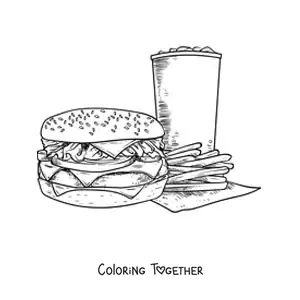 Coloring page of a realistic hamburger with fries and soda