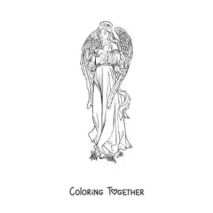 Coloring page of a realistic female angel with flowers and a dove