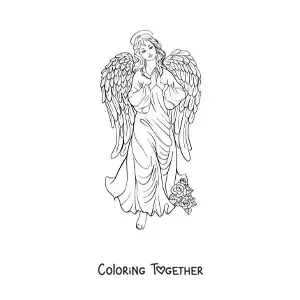 Coloring page of a realistic female angel with flowers