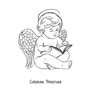 Coloring page of a realistic baby angel reading
