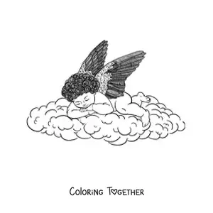 Coloring page of a baby angel sleeping in the sky