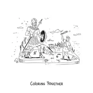 Coloring page of David fighting the giant Goliath from the Bible