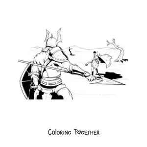 Coloring page of the battle of David and the giant Goliath from the Bible